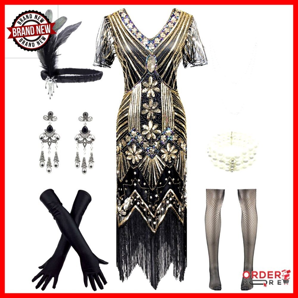 Vintage Lace Fringed 1920s Cocktail Dress with Accessories Set - Picture 1 of 7
